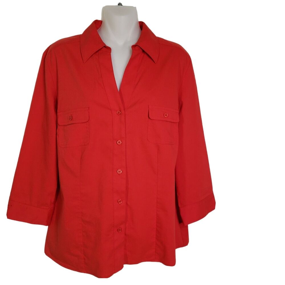 Chico's Womens Top Sz 1 Medium Red Stretch Button Front 3/4 Sleeve Flap Pockets